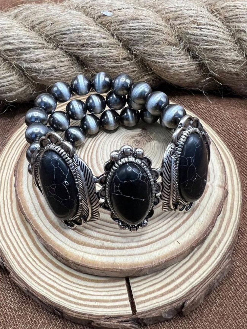 New! Western Boho Faux Black Buffalo Turquoise and Silver Statement Bracelet